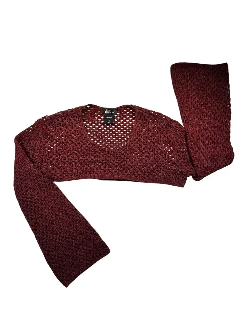 Social Collision Burgundy Open Knit Fishnet Crop Top Sweater - Picture 3 of 3